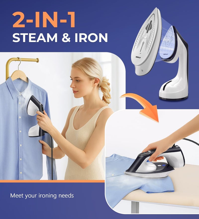 Ropilly Steamer for Clothes, 1600W 2-in-1 Steamer & Iron with Large Ceramic Plate, Powerful Turbo Steam, Smart Temperature Control, Auto-Off, Wrinkle Remover for All Fabrics - Image 2